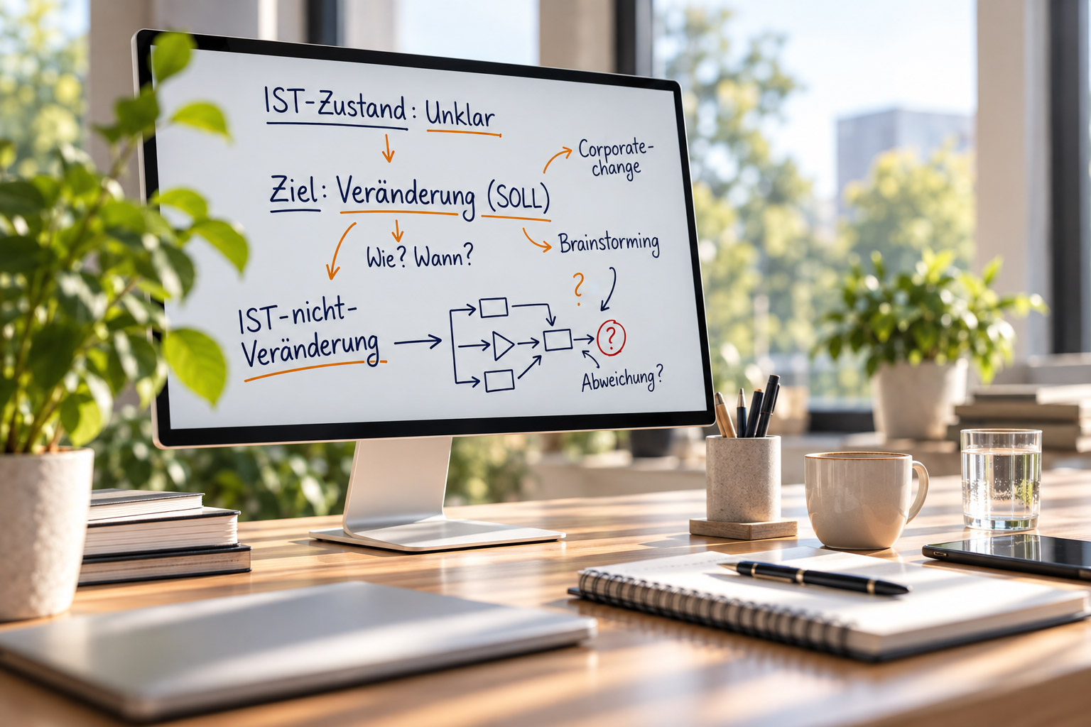 Digitales Strategieboard mit Ausgangssituation, Ziel und möglichen Veränderungswegen