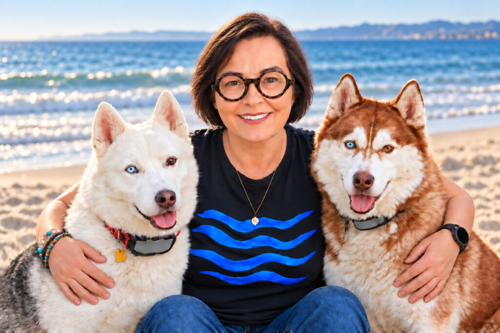 Kerstin Thieler mit ihren Huskys Azula und Icarus am Strand an der Nordsee