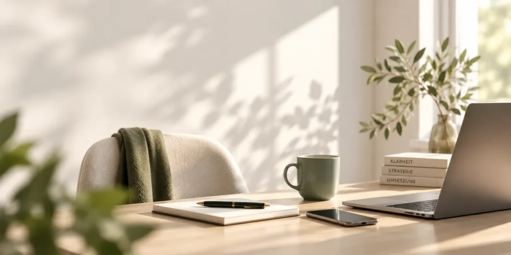 Heller Arbeitsplatz mit Laptop, Smartphone, Notizbuch und Kaffeetasse