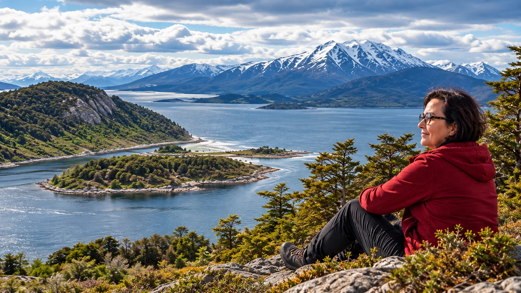 Kerstin Thieler mit Blick über die Wulaia Bay in Patagonien