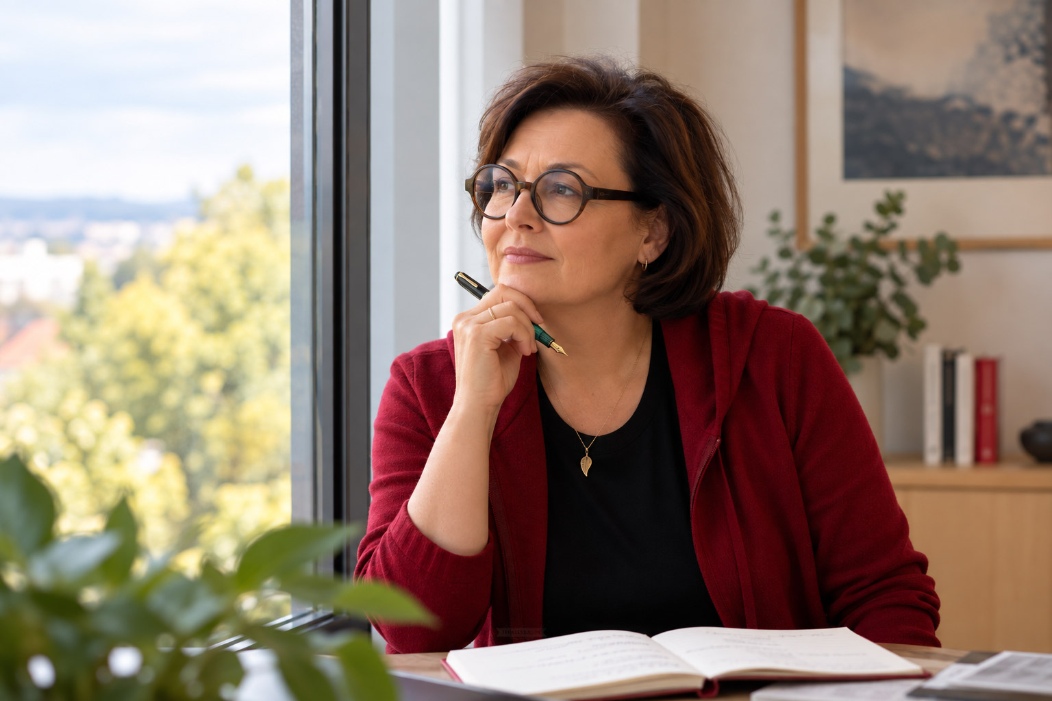 Kerstin Thieler blickt nachdenklich aus dem Fenster und hält einen Füllfederhalter in der Hand.