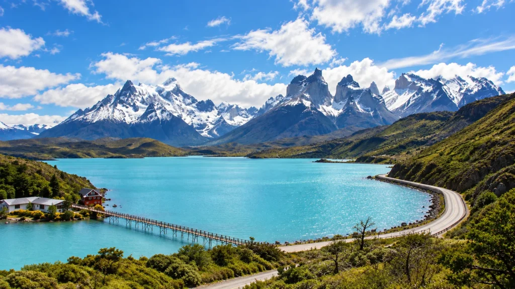 Berglandschaft in Patagonien mit türkisfarbenem See und einer Straße in Richtung der Berge