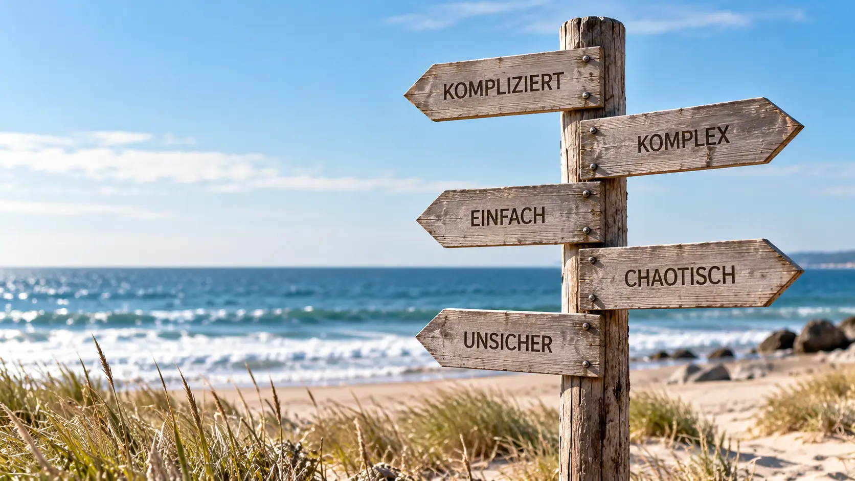 Hölzerner Wegweiser mit mehreren Richtungen am Strand mit Meer, blauem Himmel und weitem Horizont als Symbol für unterschiedliche Entscheidungssituationen