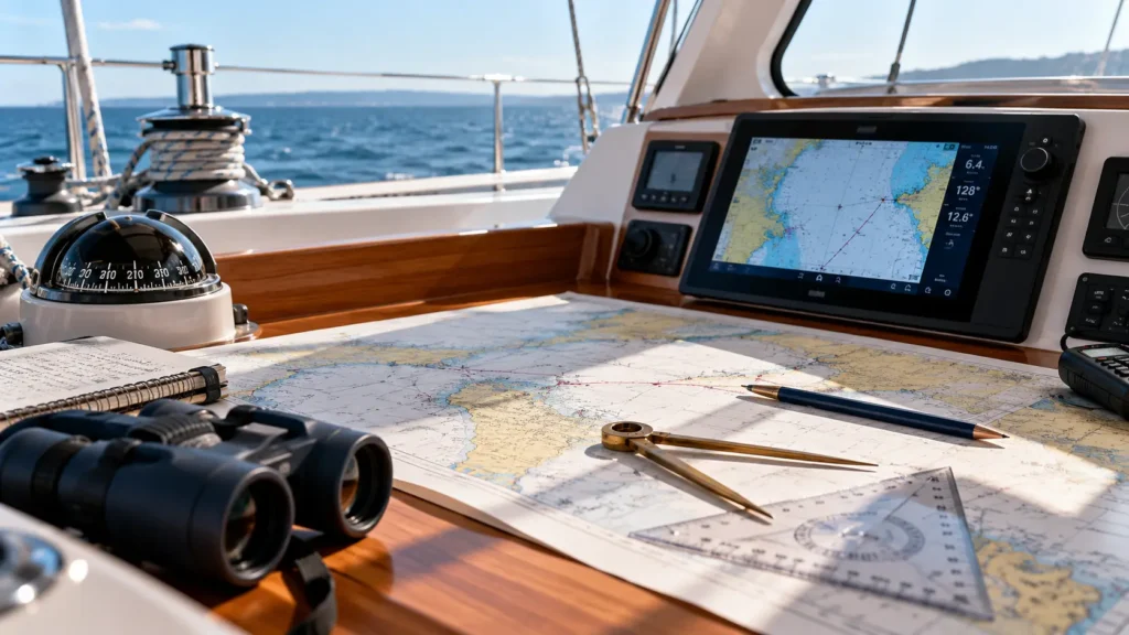 Navigationstisch einer modernen Segelyacht mit Seekarte, digitalem Kartenplotter, Kompass und Navigationsinstrumenten