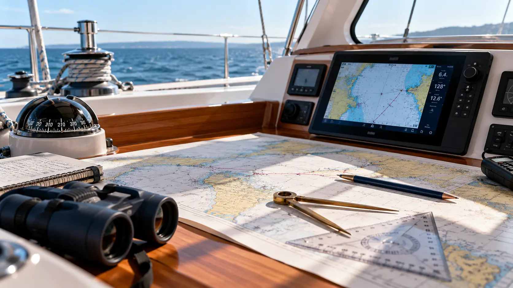 Navigationstisch einer modernen Segelyacht mit Seekarte, digitalem Kartenplotter, Kompass und Navigationsinstrumenten