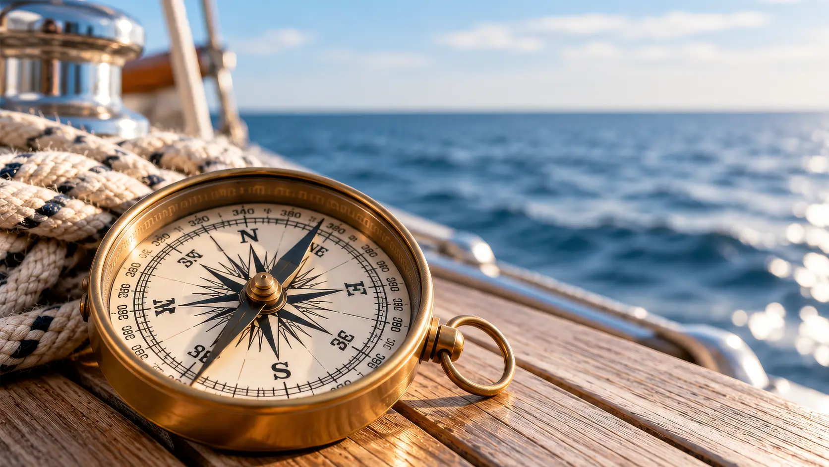 Ein Kompass liegt auf einem Holztisch an Deck eines Segelbootes - im Hintergrund das Meer, blauer Himmel und der Horizont. Der Kompass ist ein Symbol für neue Perspektiven und die Neuausrichtung strategischer Fragestellungen.