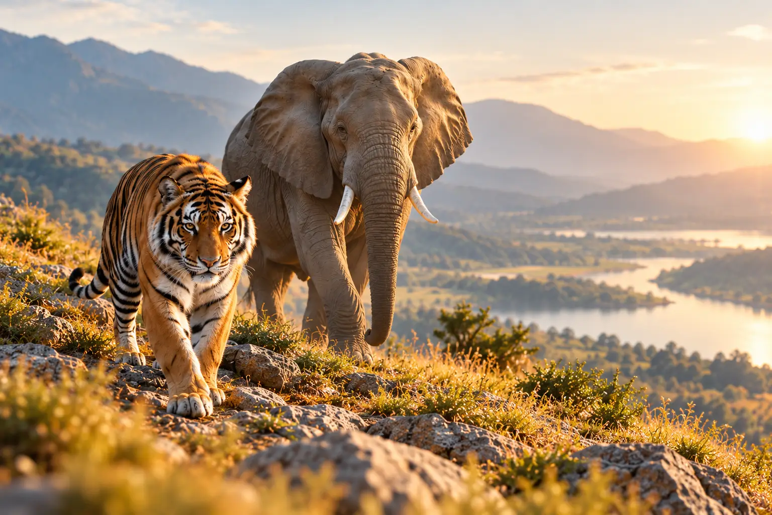 Tiger im Vordergrund und Elefant dahinter in einer weiten Landschaft – Symbolbild für Entschlossenheit und Weitblick