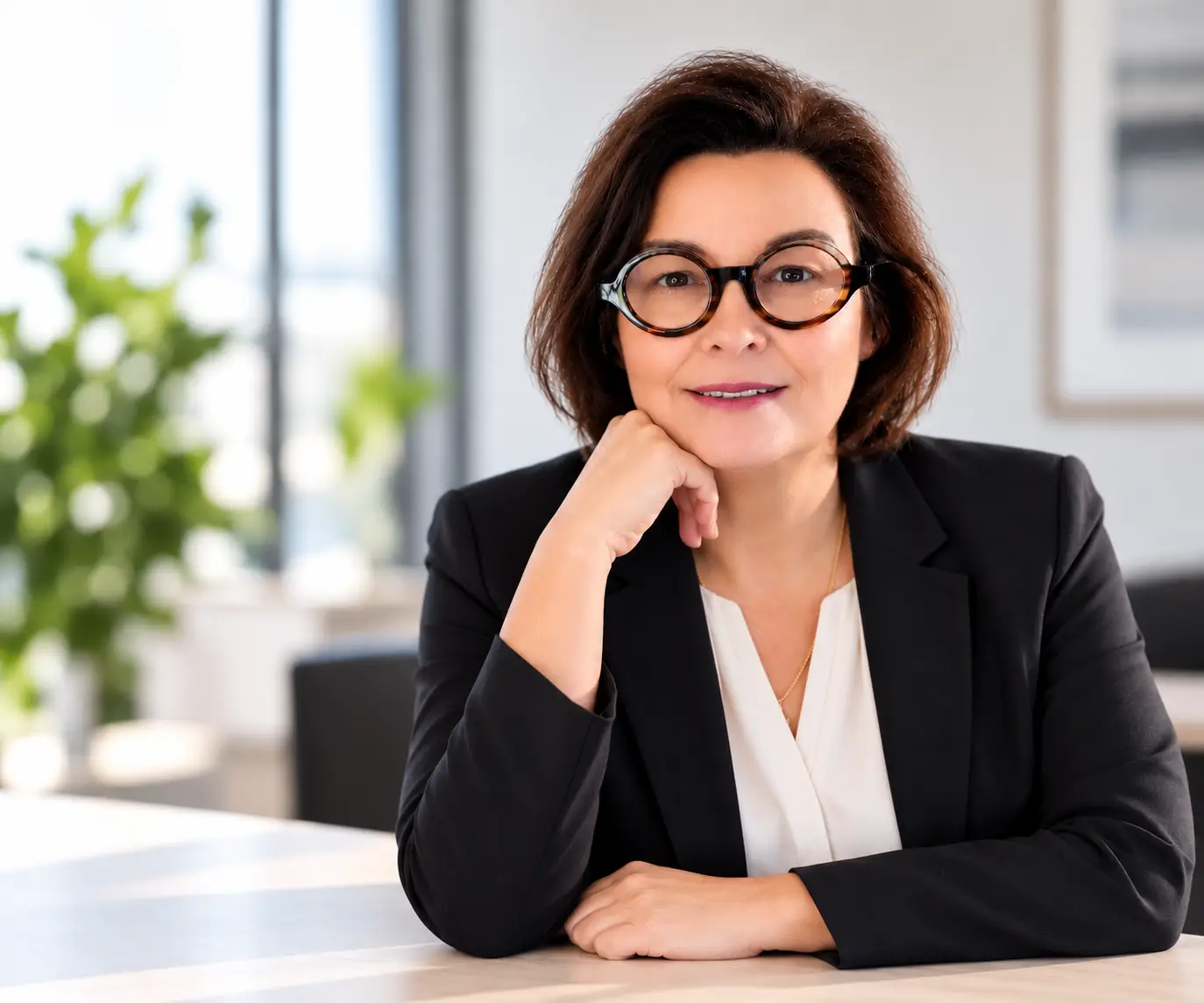 Porträt von Kerstin Thieler mit runder Brille und dunklem Blazer, an einem Tisch in einer hellen Büroumgebung