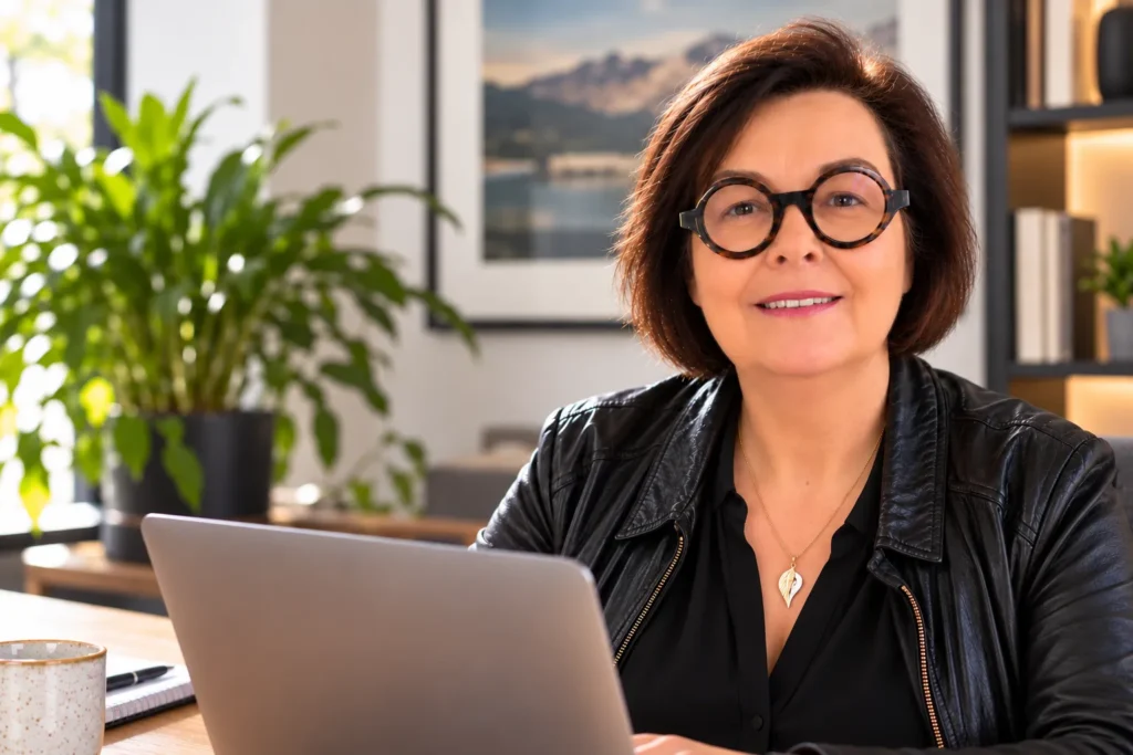 Kerstin Thieler sitzt mit Laptop an einem Schreibtisch in einem modernen Beratungsraum.