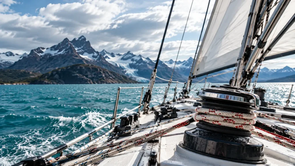 Segelyacht in Fahrt mit Winsch, gespannten Leinen und Segel vor einer Berglandschaft