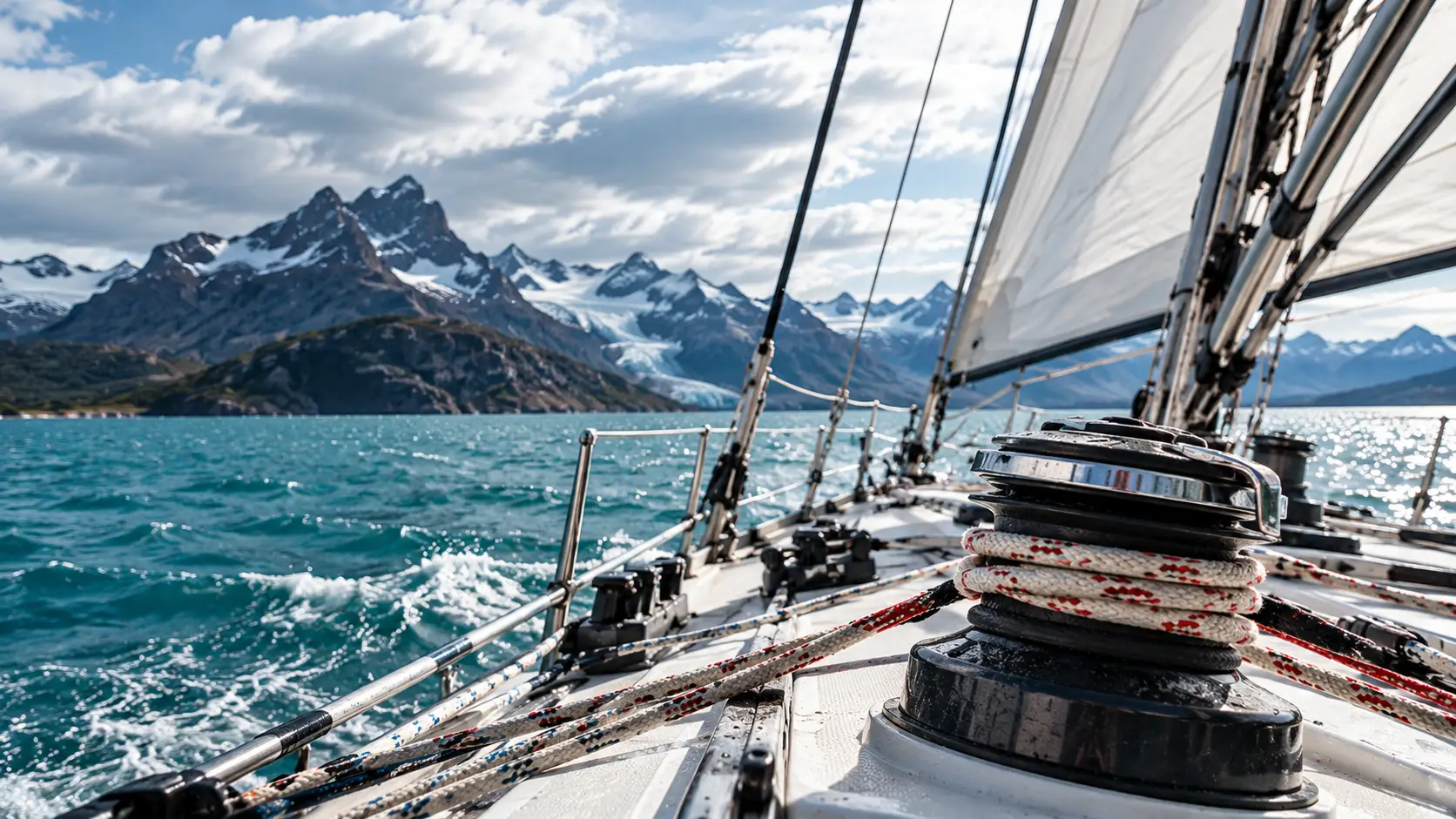 Segelyacht in Fahrt mit Winsch, gespannten Leinen und Segel vor einer Berglandschaft